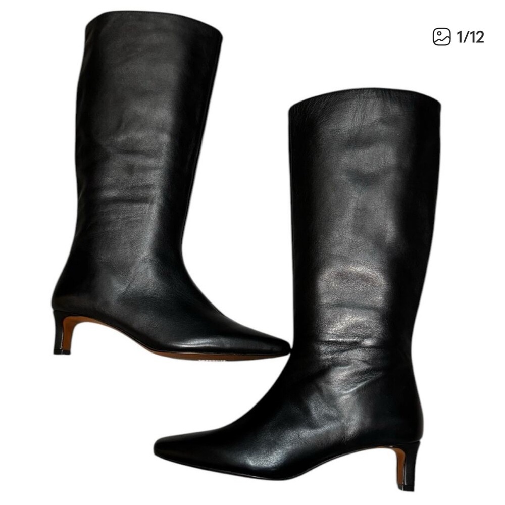 NWOB Madewell The Dimes Kitten Heel High Extended Calf Black Leather Boots Sz 6